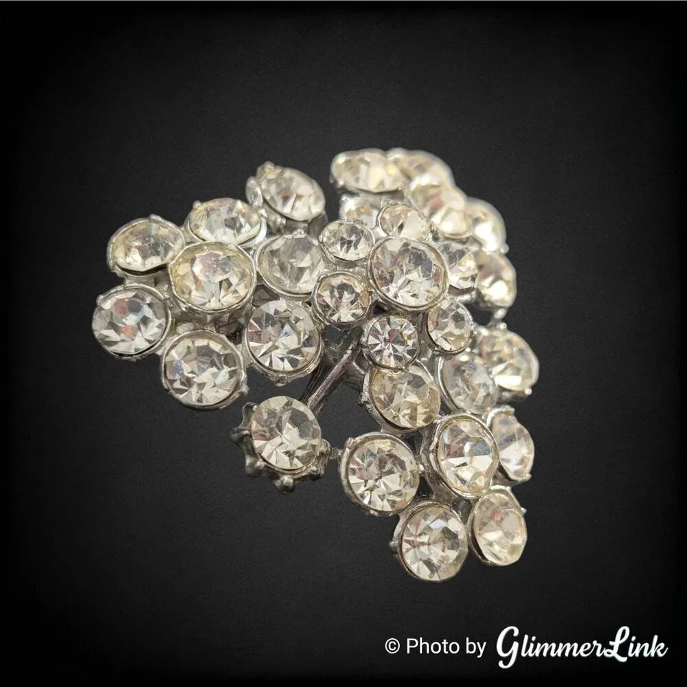 Vintage Pot Metal Glass Rhinestone Triangular Floral Brooch